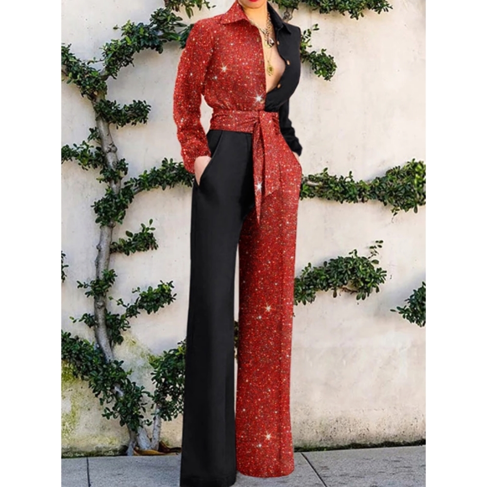 Harlequin Jumpsuit Long Sleeve Wide Leg Red Glitter Black Size Large